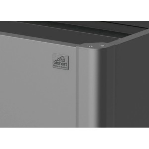 Dettaglio: aiuola rialzata in metallo Biohort grigio scuro, angolo con logo.