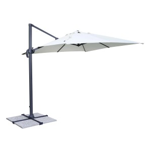 Ombrellone a braccio t.b.t. con struttura grigia e telo chiaro.