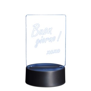 Lampada da tavolo di design con scritta "Buon giorno! xoxo" per illuminazione d'atmosfera.