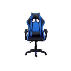 Sedia da gaming blu e nera con poggiatesta e braccioli.
