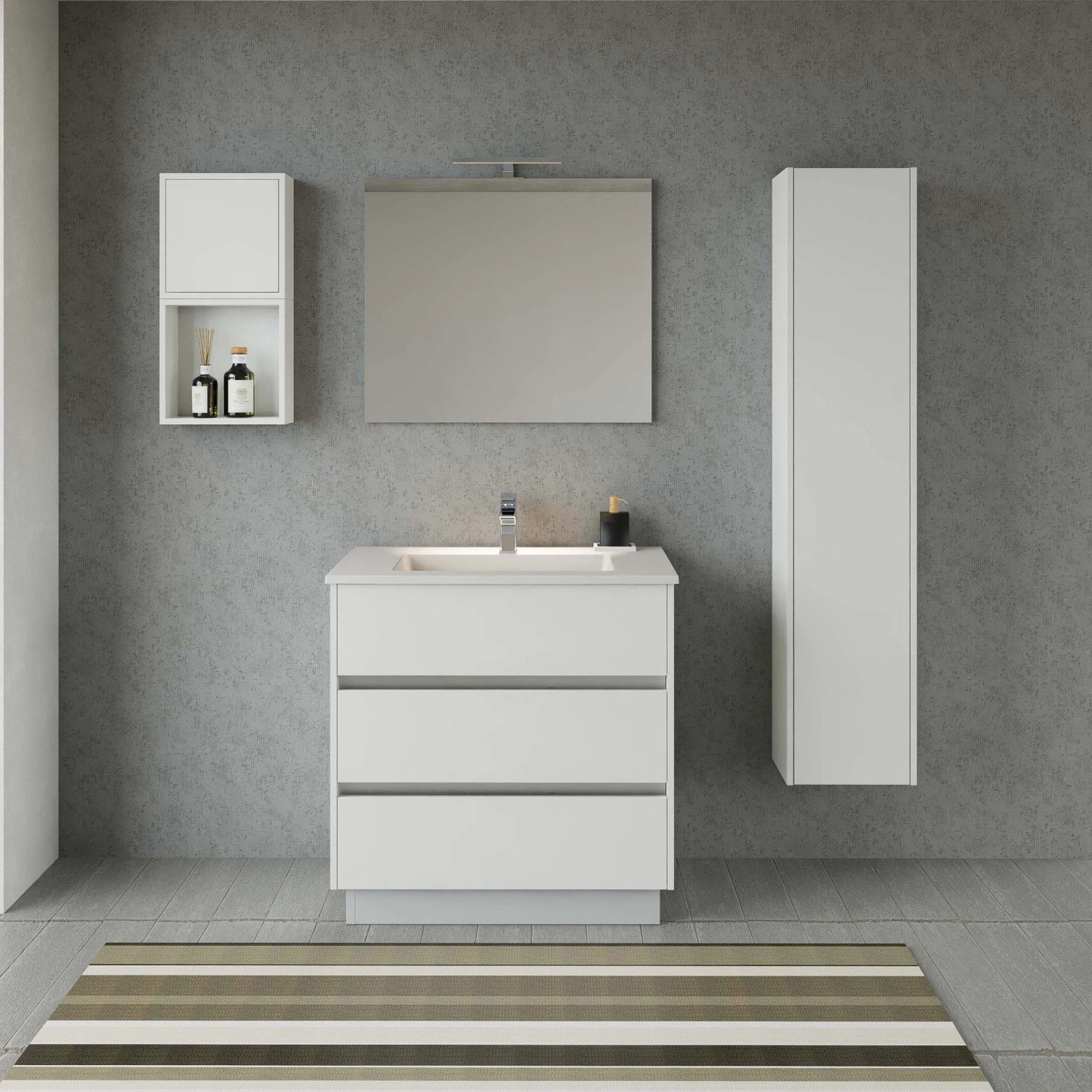 Set di mobili da bagno bianchi con mobile lavabo, specchiera e colonna per bagni moderni.