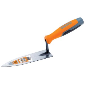 Cazzuola per muratore e piastrellista con manico arancione.