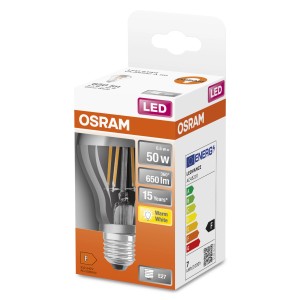 Lampadina LED E27 OSRAM nella confezione, bianco caldo, 6,5W (equivalenti a 50W), 650 lumen.