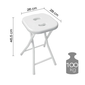 Sgabello da bagno pieghevole bianco con maniglie e dimensioni di 26 x 28 x 46,5 cm.