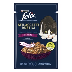 Felix Sfilaccetti Rustici cibo umido per gatti con anatra in salsa, busta.