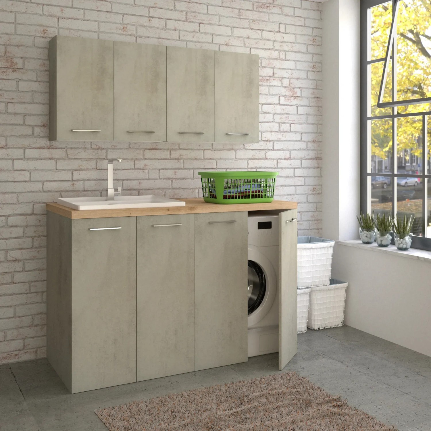 Set di mobili da bagno moderni con lavabo, mobile base e pensili effetto cemento.
