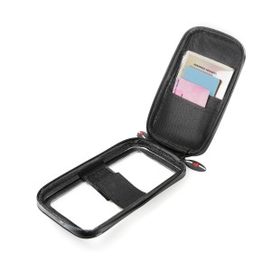 Custodia per cellulare nera aperta con scomparto per carte e finestra trasparente per touchscreen.