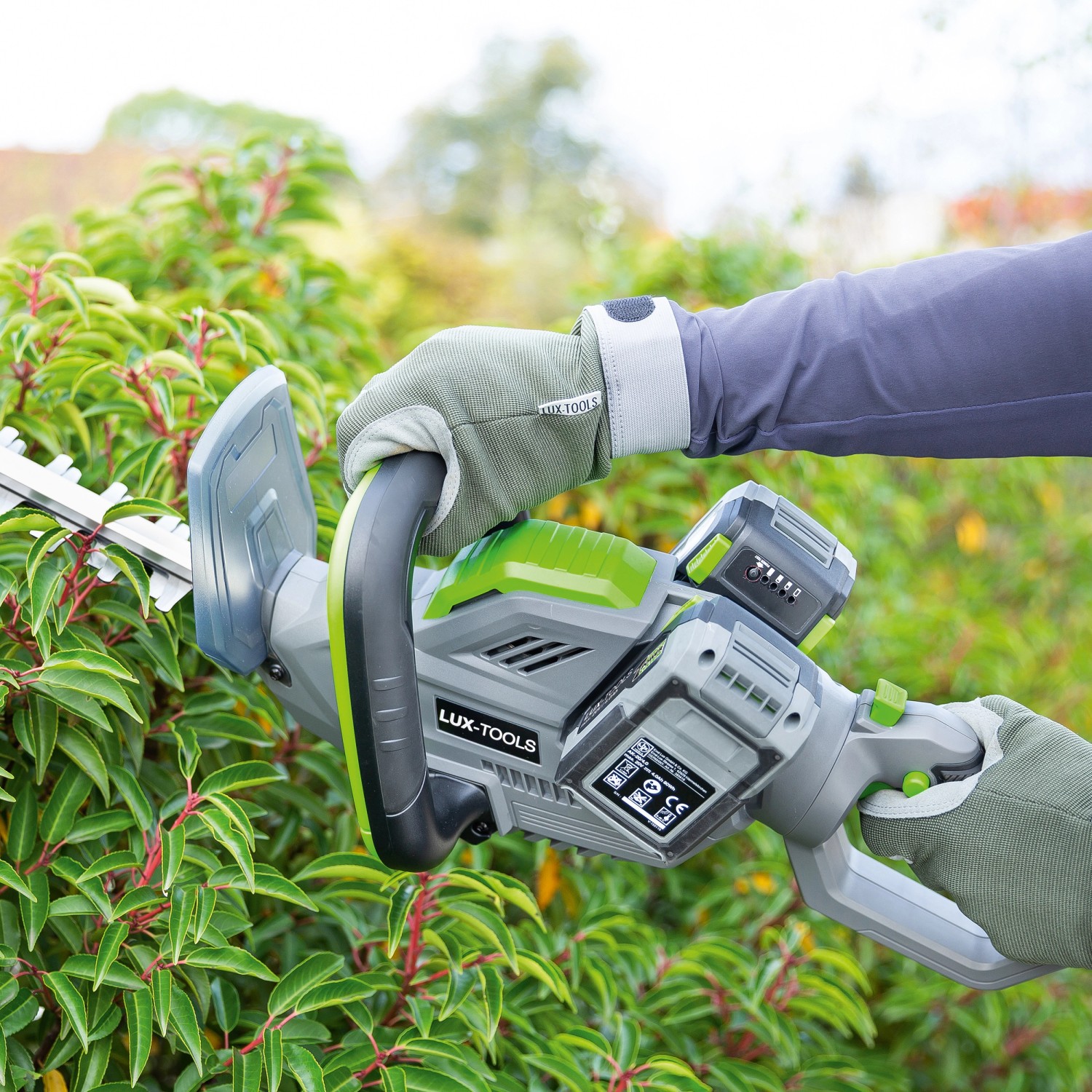 Tagliasiepi a batteria LUX A-HS-2x20/61 in azione durante il taglio.
