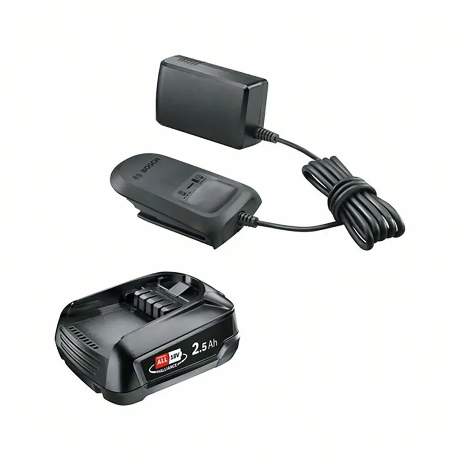 Set avviamento Bosch con batteria 18V e caricabatterie per elettroutensili.