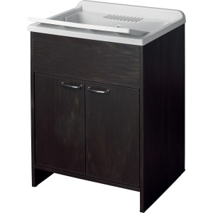 t.b.t. lavabo singolo con mobiletto in legno scuro e lavabo bianco.