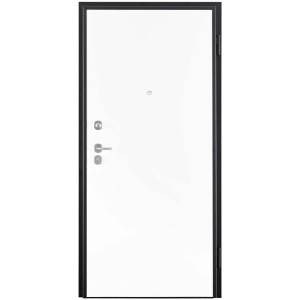 Porta blindata bianca con telaio nero e maniglia argentata.