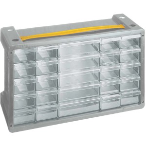 Cassettiera portaminuteria grigia con molti cassetti trasparenti e maniglia gialla.