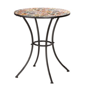Tavolino da giardino rotondo con piano mosaico e struttura in metallo nero.