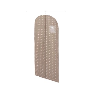 Custodia per abiti beige a pois bianchi per organizer armadio.