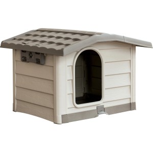 Cuccia per cani chiara con tetto grigio e ingresso. Ideale per il giardino.