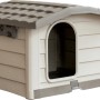 Cuccia per cani chiara con tetto grigio e ingresso. Ideale per il giardino.