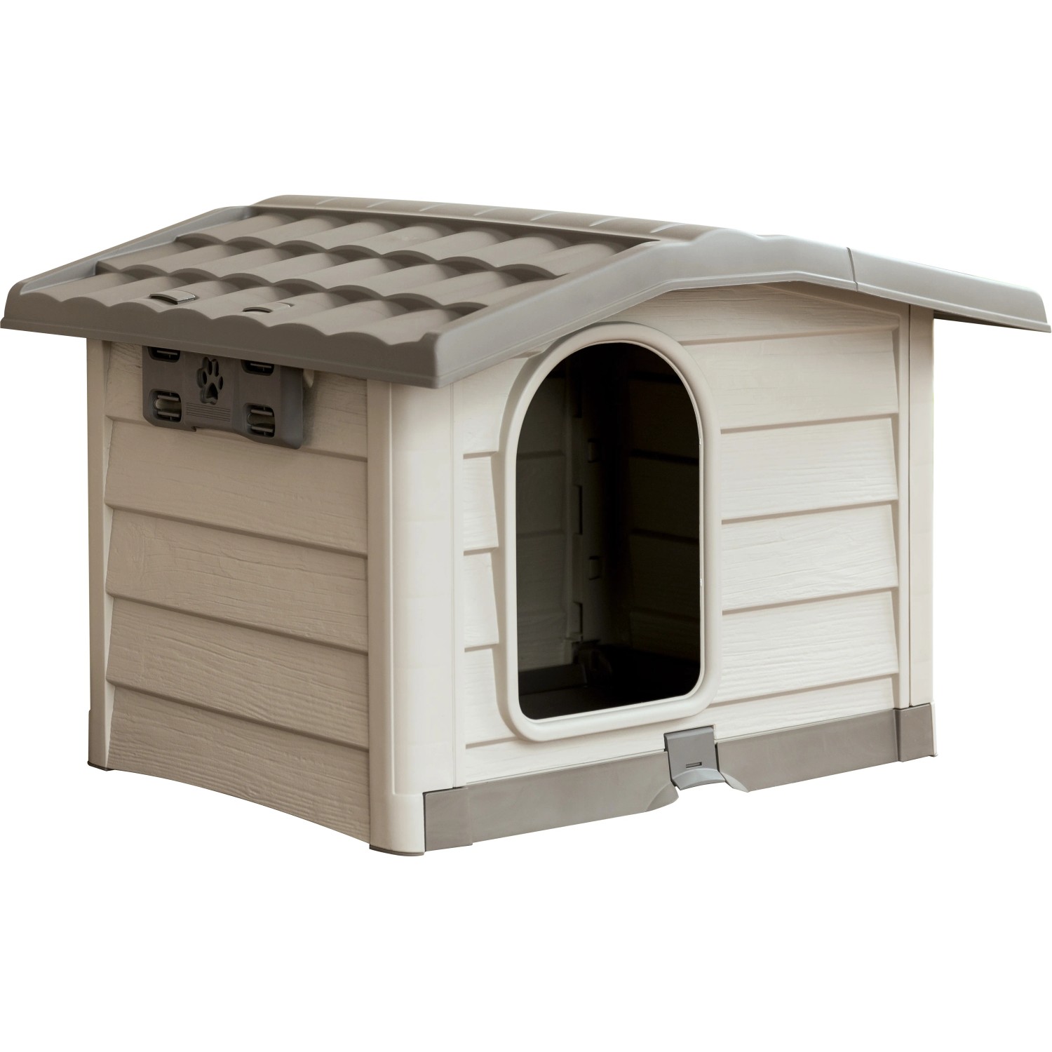 Cuccia per cani chiara con tetto grigio e ingresso. Ideale per il giardino.