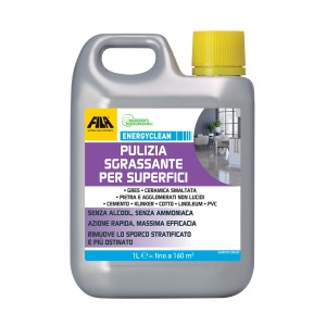 Flacone di FILA EnergyClean detergente sgrassante per superfici come gres, pietra, cemento, cotto, linoleum e PVC.
