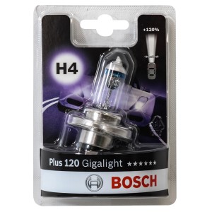 Lampadina Bosch H4 Plus 120 Gigalight per auto, anabbagliante, in confezione.