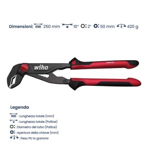 Pinza per pompe d'acqua Wiha Industrial, nero-rossa, 250 mm, con pulsante per regolazione ganasce.