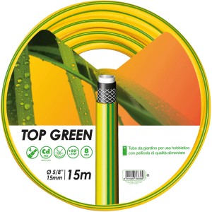 Tubo per irrigazione t.b.t. giallo, 15m, con strisce verdi.