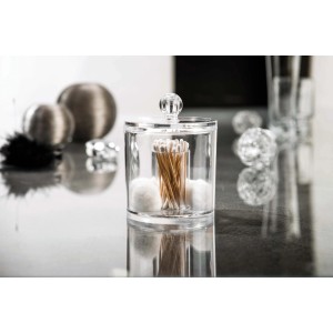 Contenitore trasparente per accessori bagno con coperchio per dischetti e cotton fioc.