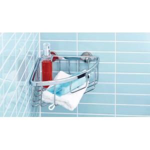 Cestello angolare doccia Tesa Aluxx in alluminio cromato con prodotti doccia su parete blu.