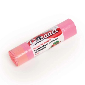 Rotolo di sacchi per pattumiera rosa Casanet con profumo di fragola, adatti per pattumiere OBI.