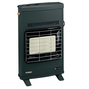 Stufa a gas grigia t.b.t. con radiatore dietro le sbarre. Ideale per interni.