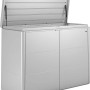 Box da giardino Biohort HighBoard 160 in argento metallizzato, con coperchio aperto e ante a battente.