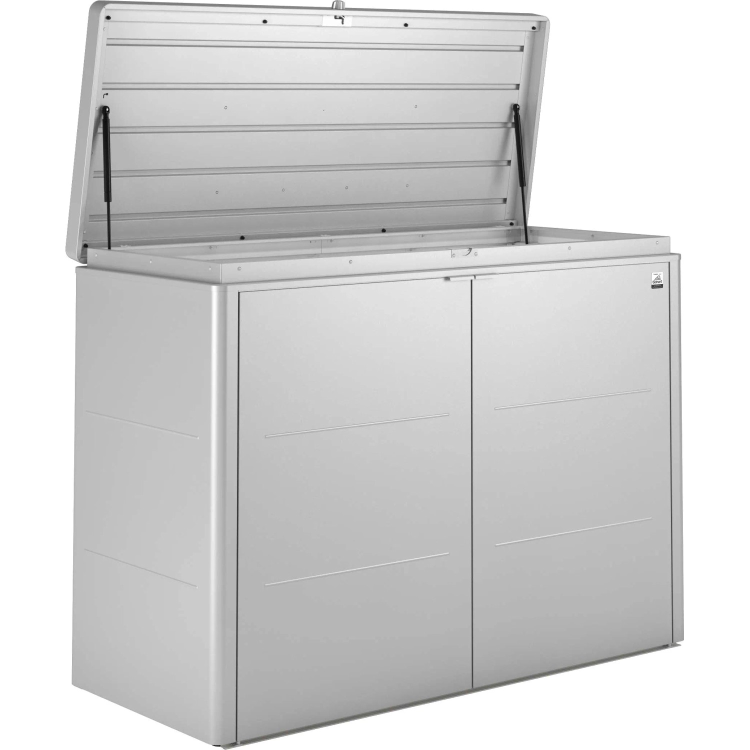 Box da giardino Biohort HighBoard 160 in argento metallizzato, con coperchio aperto e ante a battente.