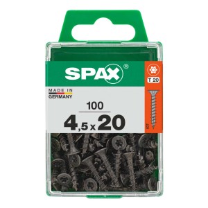 Viti universali SPAX 4,5x20 mm, 100 pezzi in contenitore trasparente.