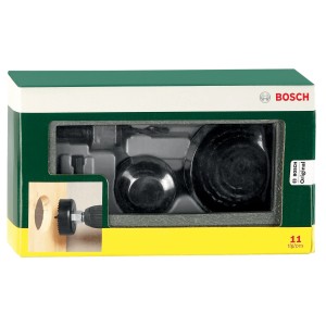 Set di seghe a tazza Bosch, 11 pezzi in scatola verde con accessori.