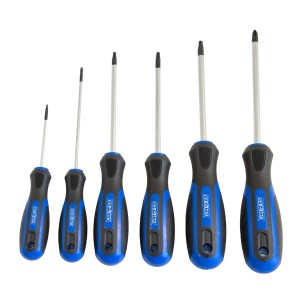 Set di 6 cacciaviti Torx con manico blu e nero.