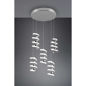 Moderna lampada a sospensione t.b.t. con cinque luci a spirale in look cromato.