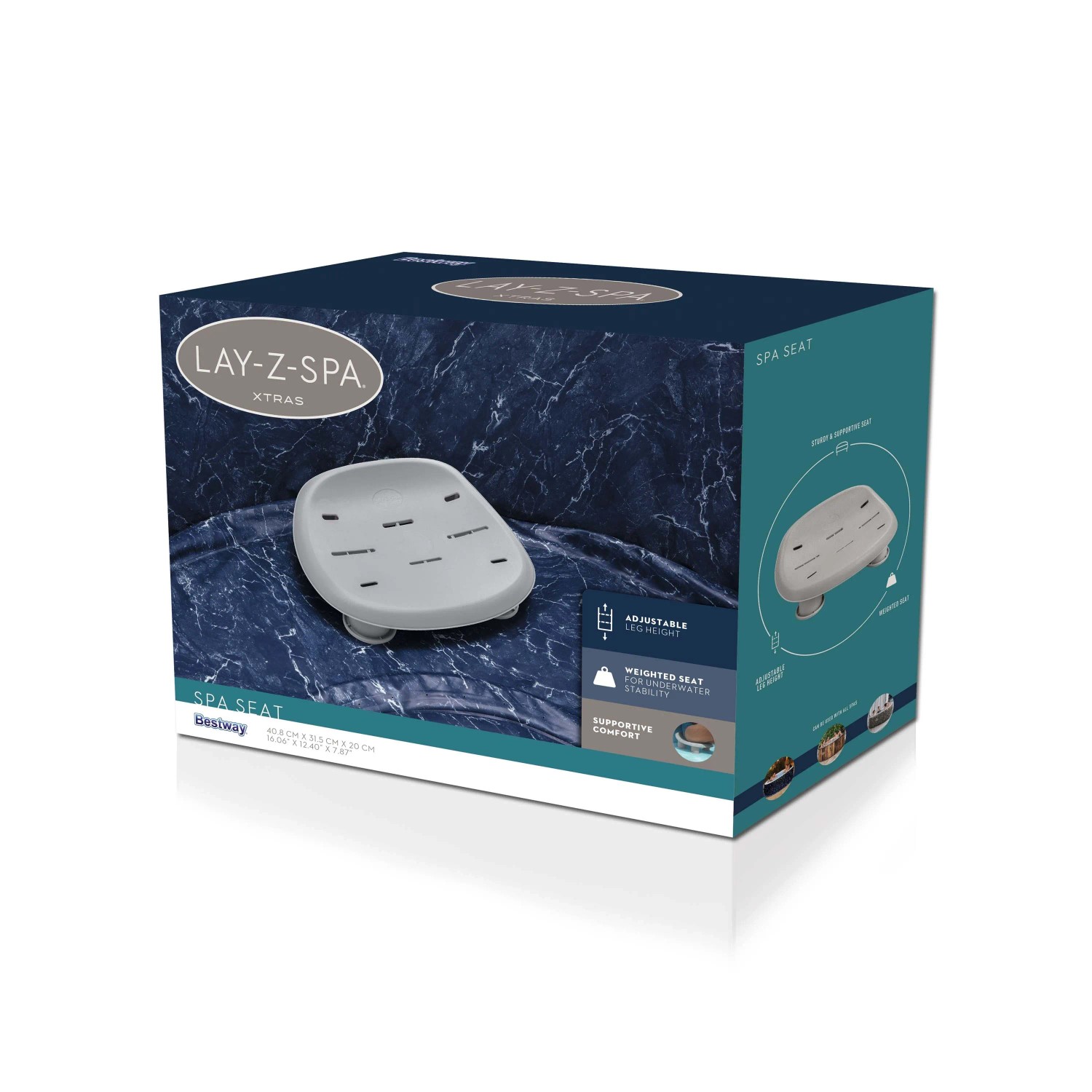 Sedile idromassaggio Bestway LAY-Z-SPA Xtras, grigio e regolabile in altezza, sulla confezione del prodotto.