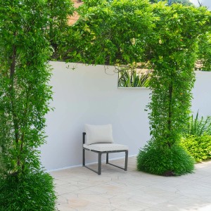 t.b.t. sedia da giardino con cuscino davanti a muro bianco e piante verdi.