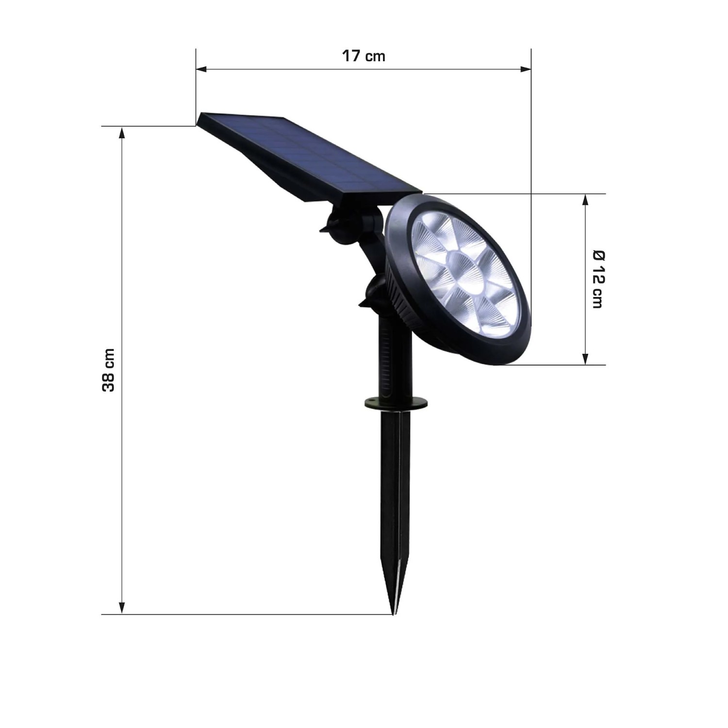 Lampada solare nera con picchetto e dimensioni (38x17x12cm) per illuminazione decorativa.