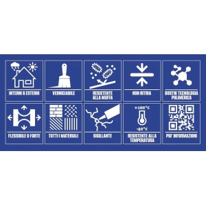 Pittogrammi delle proprietà di t.b.t.: Interni/esterni, verniciabile, resistente alla muffa, flessibile, per tutti i materiali.
