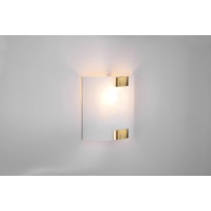 Applique LED moderna con paralume bianco e dettagli dorati.