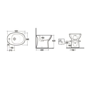 Disegno tecnico del bidet t.b.t. con dimensioni.