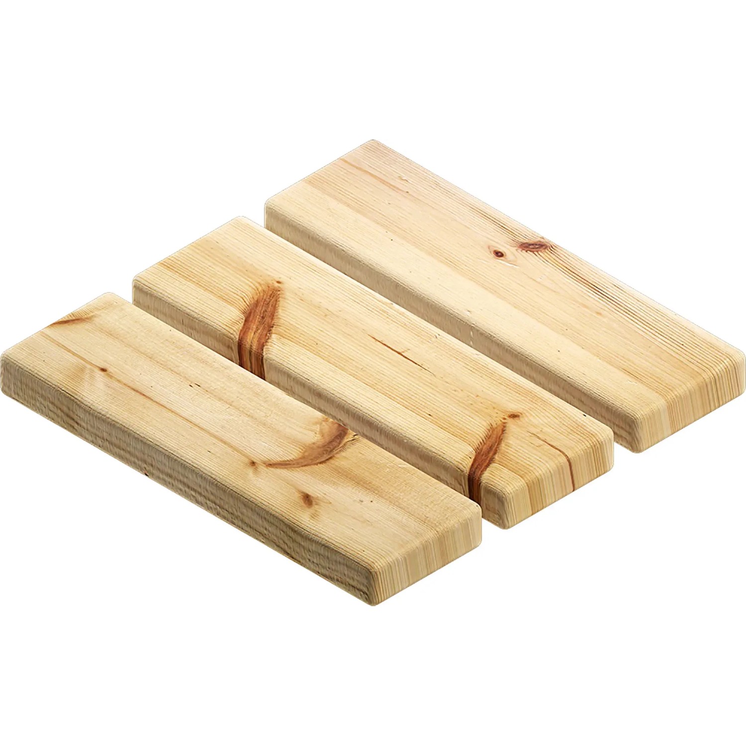 Tre assi di legno chiaro piallato con nodi, adatte per progetti di costruzione.