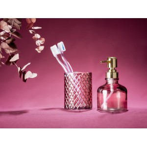 Set bagno rosa: portaspazzolino e dispenser di sapone per accessori bagno di stile.