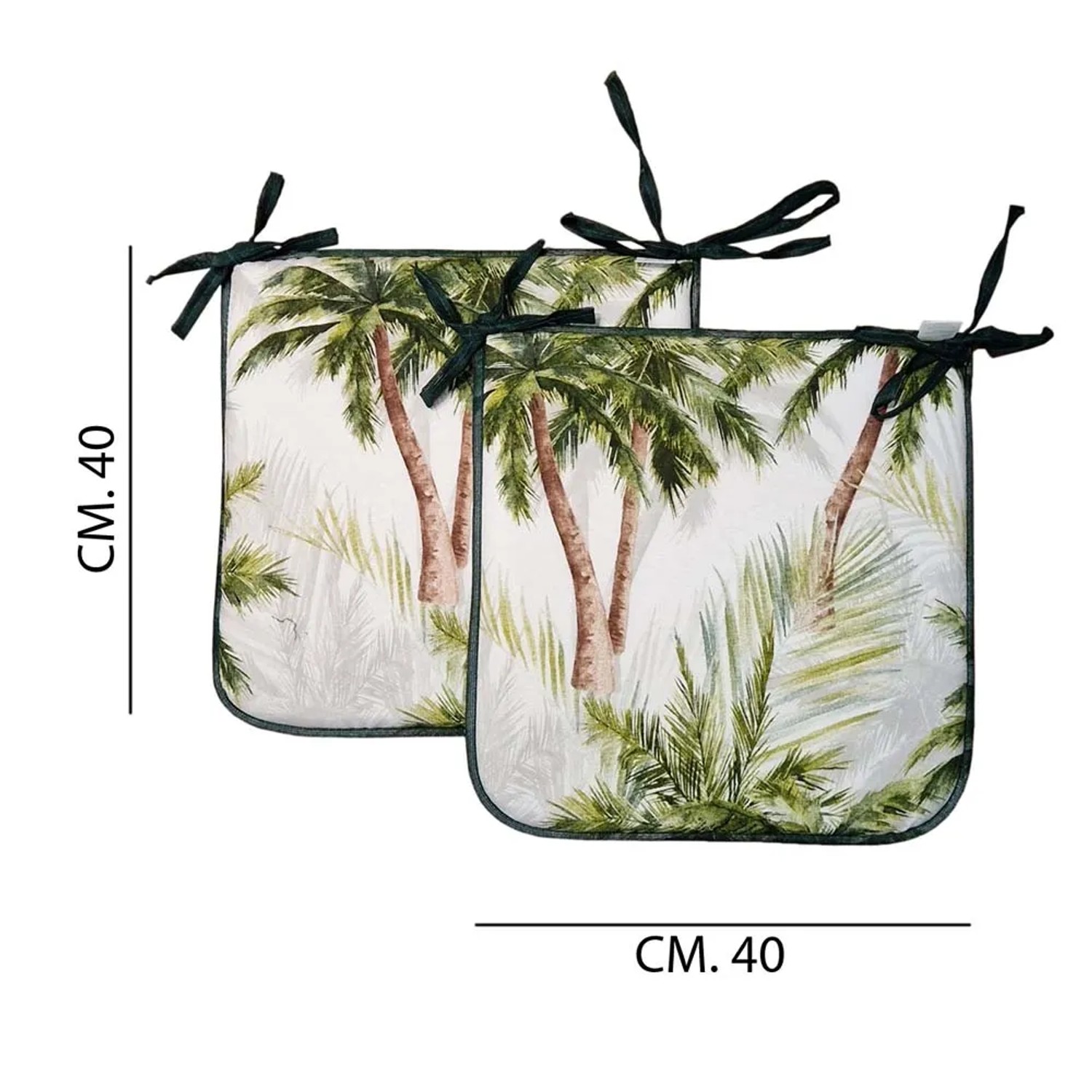 Due cuscini per sedie da esterno con motivo a palme e lacci verdi.