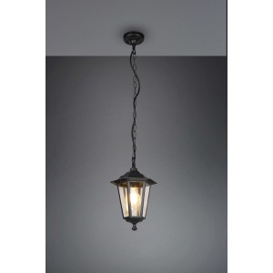 Lampada a sospensione nera t.b.t. a forma di lanterna per interni.