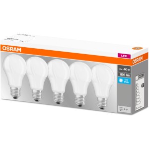 Lampadina LED E27 Osram, confezione da 5, luce bianca fredda, 8,5W. Lampadine LED a risparmio energetico per interni.