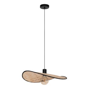 Lampada a sospensione a forma di cappello di paglia, colore naturale con bordo nero. Lampada moderna per interni.