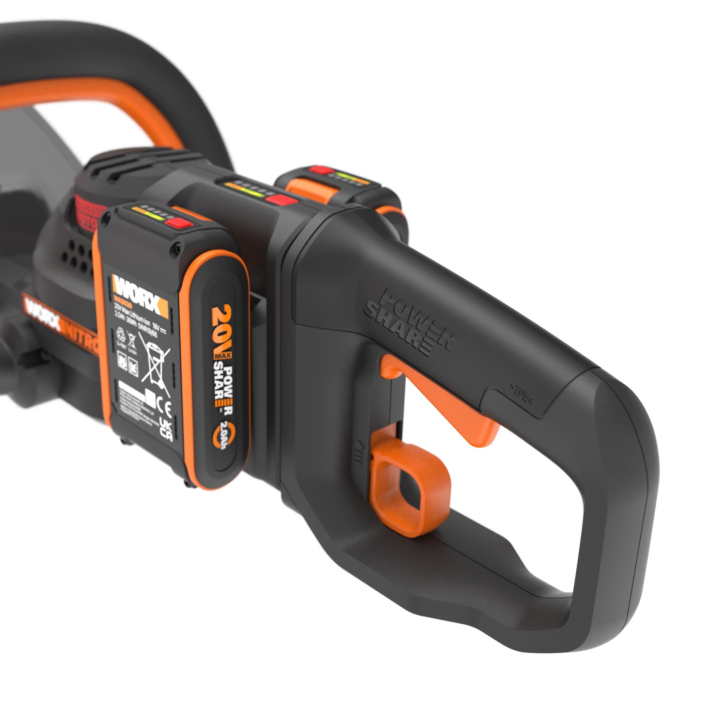 Tagliasiepi a batteria Worx Nitro WG263E: dettaglio di batteria e manico.