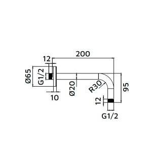 Disegno tecnico di un braccio doccia t.b.t., dimensioni in mm.