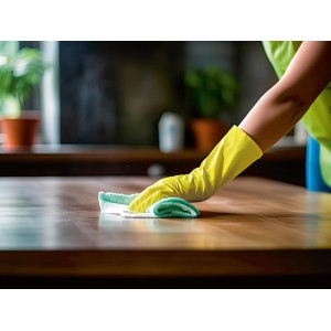 Guanti riutilizzabili gialli taglia M che puliscono una superficie in legno.